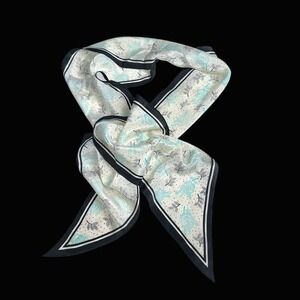 Vintage Floral Polka Dot Skinny Oblong Scarf White Teal Black Pointed Ends 60in